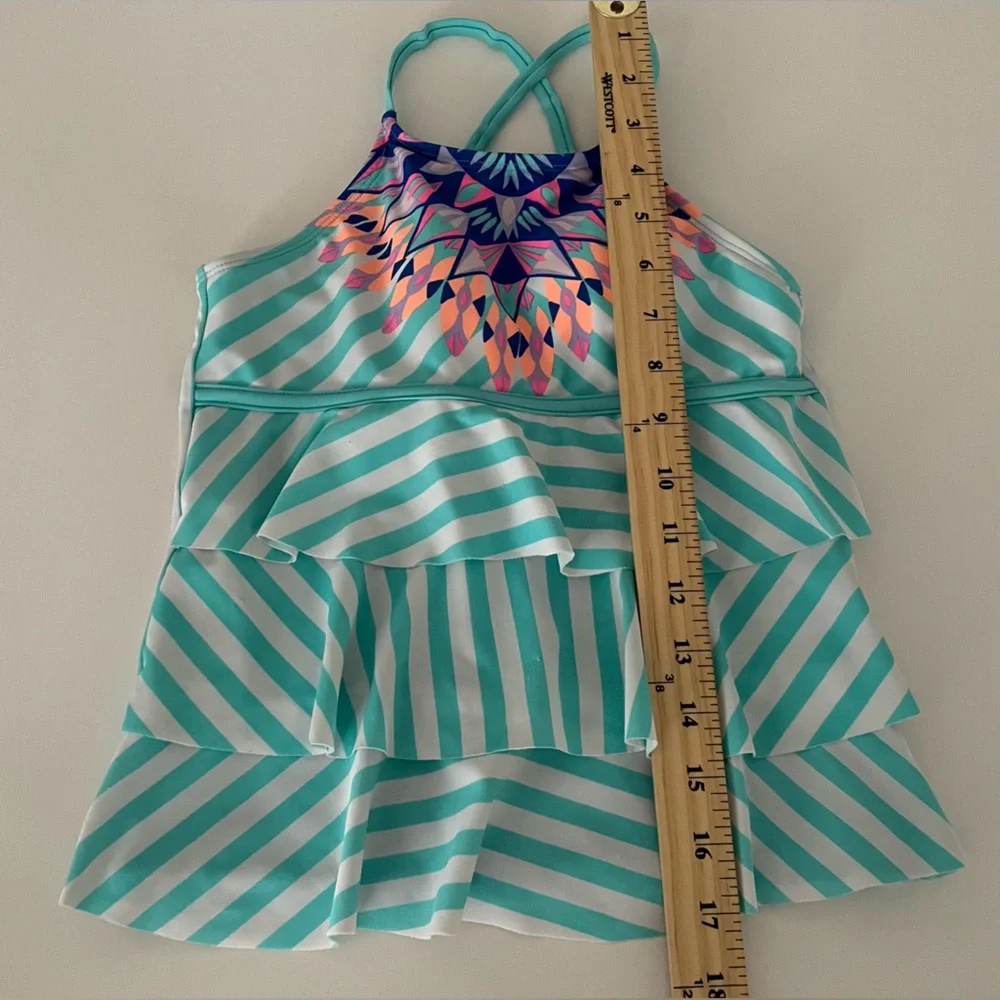 Justice Navy Turquoise & White Tankini Top Tiered Girl's Size:10